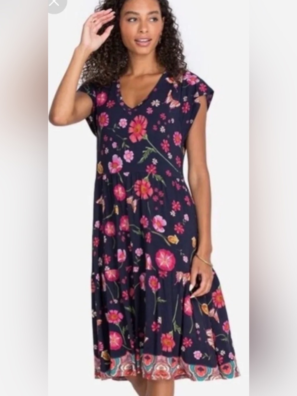 Johnny Was, Large, Navy/Floral Midi Dress - 95% Bamboo